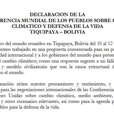 Declaración de la Conferencia Mundial de los Pueblos Sobre Cambio Climático y Defensa de la Vida – Tiquipaya